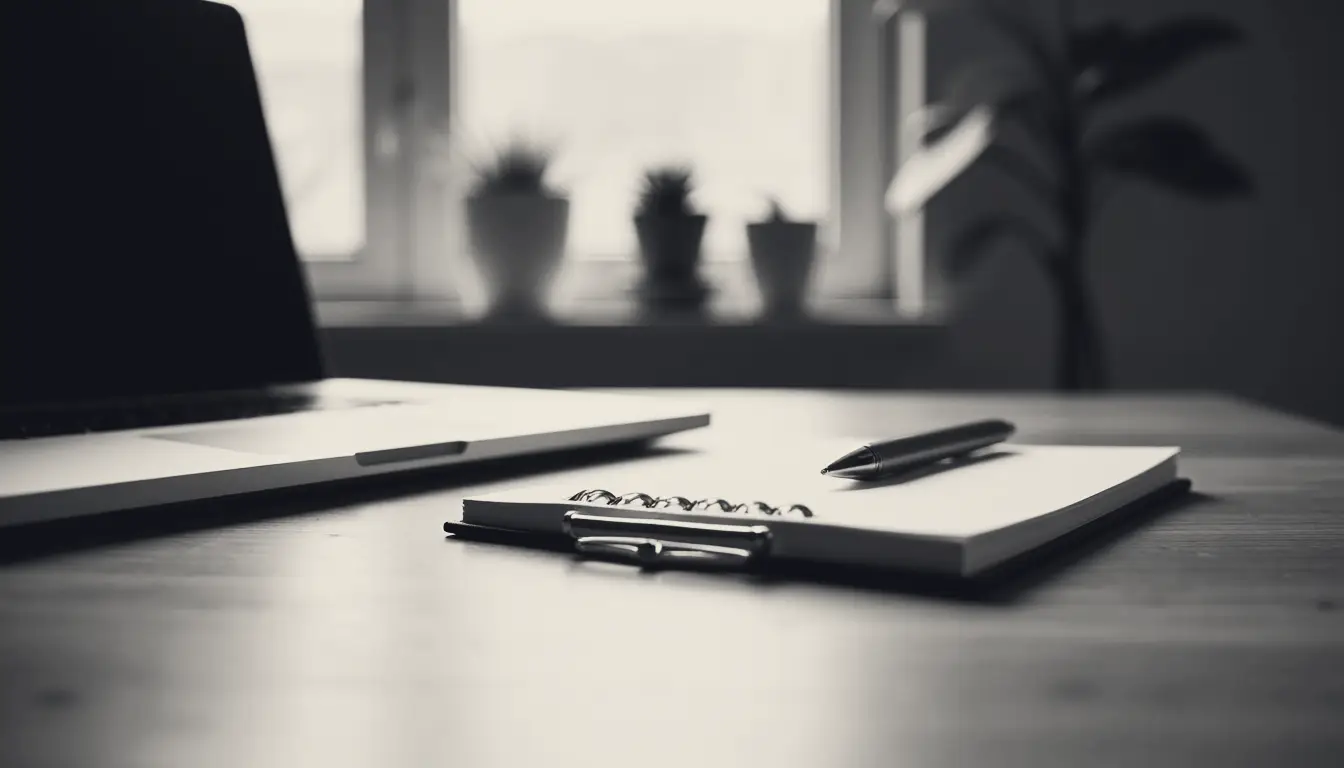 A quiet desk with a laptop and notebook