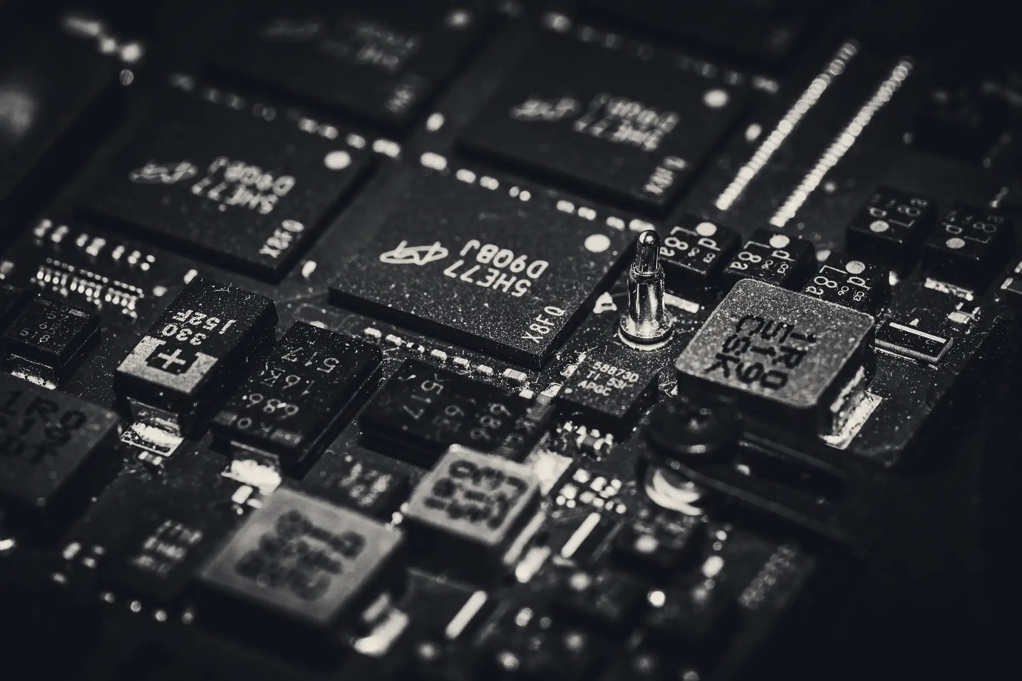 Close-up of microchips on a circuit board