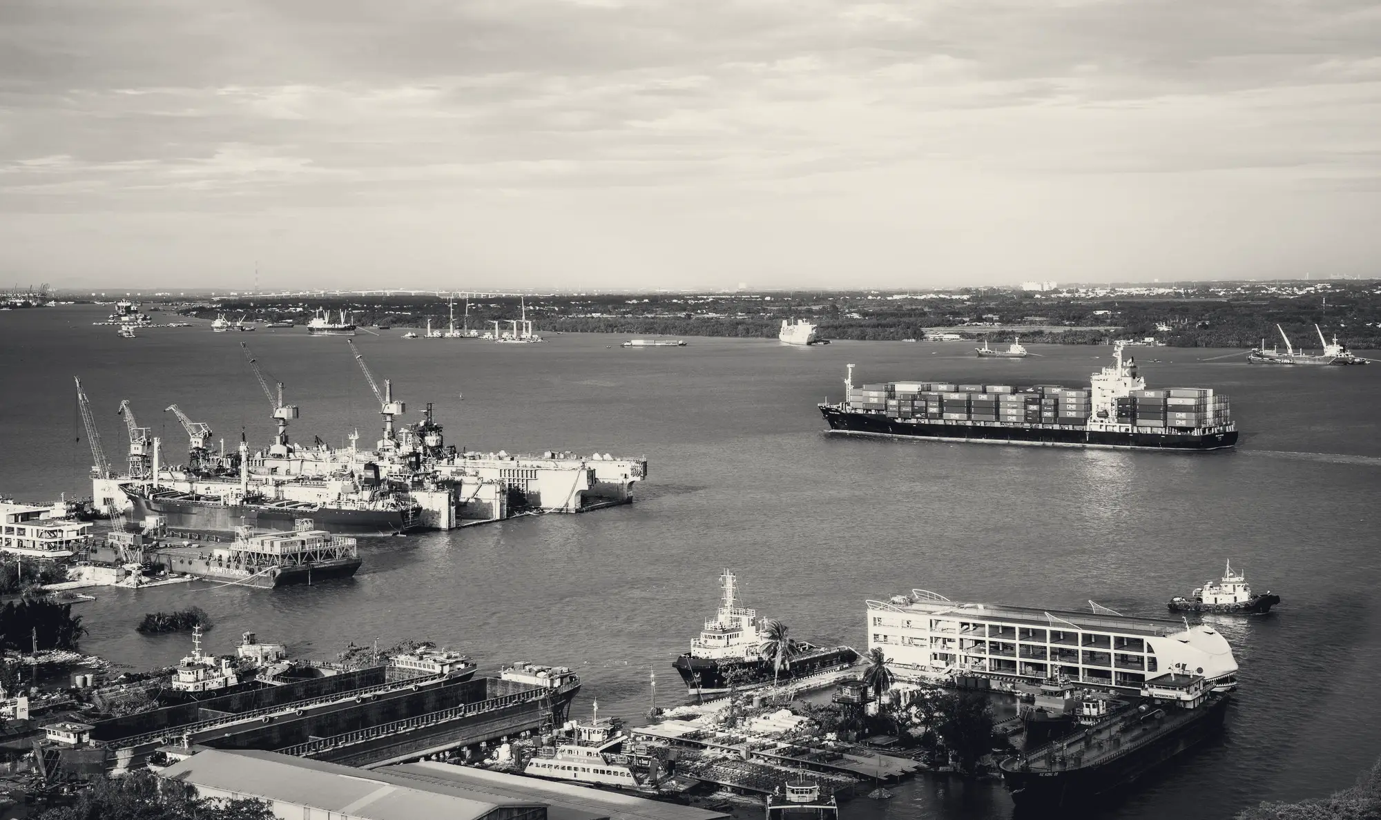 Aerial view of a busy container port